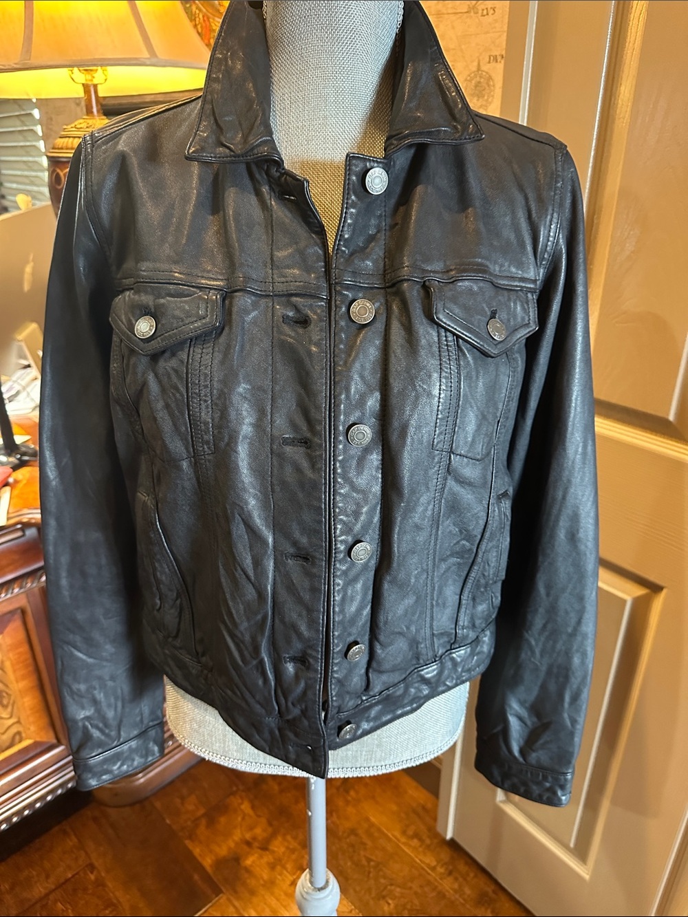 Gap Vintage Classic Black Leather Button-Front Jacket